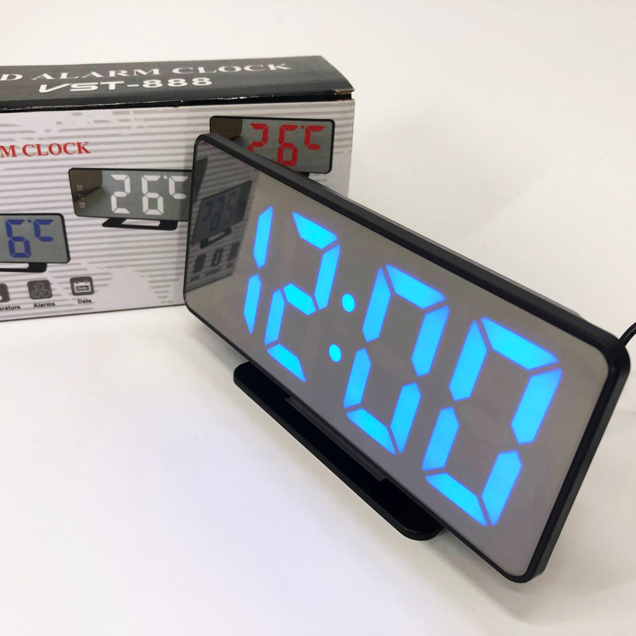 Часы настольные зеркальные VST-888Y-5 USB с синим циферблатом, Настольные часы с подсветкой