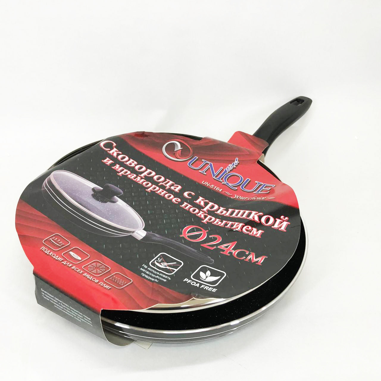 Сковорода с крышкой 24 см темный мрамор UNIQUE UN-5164 | Антипригарная сковорода | Мраморная сковорода