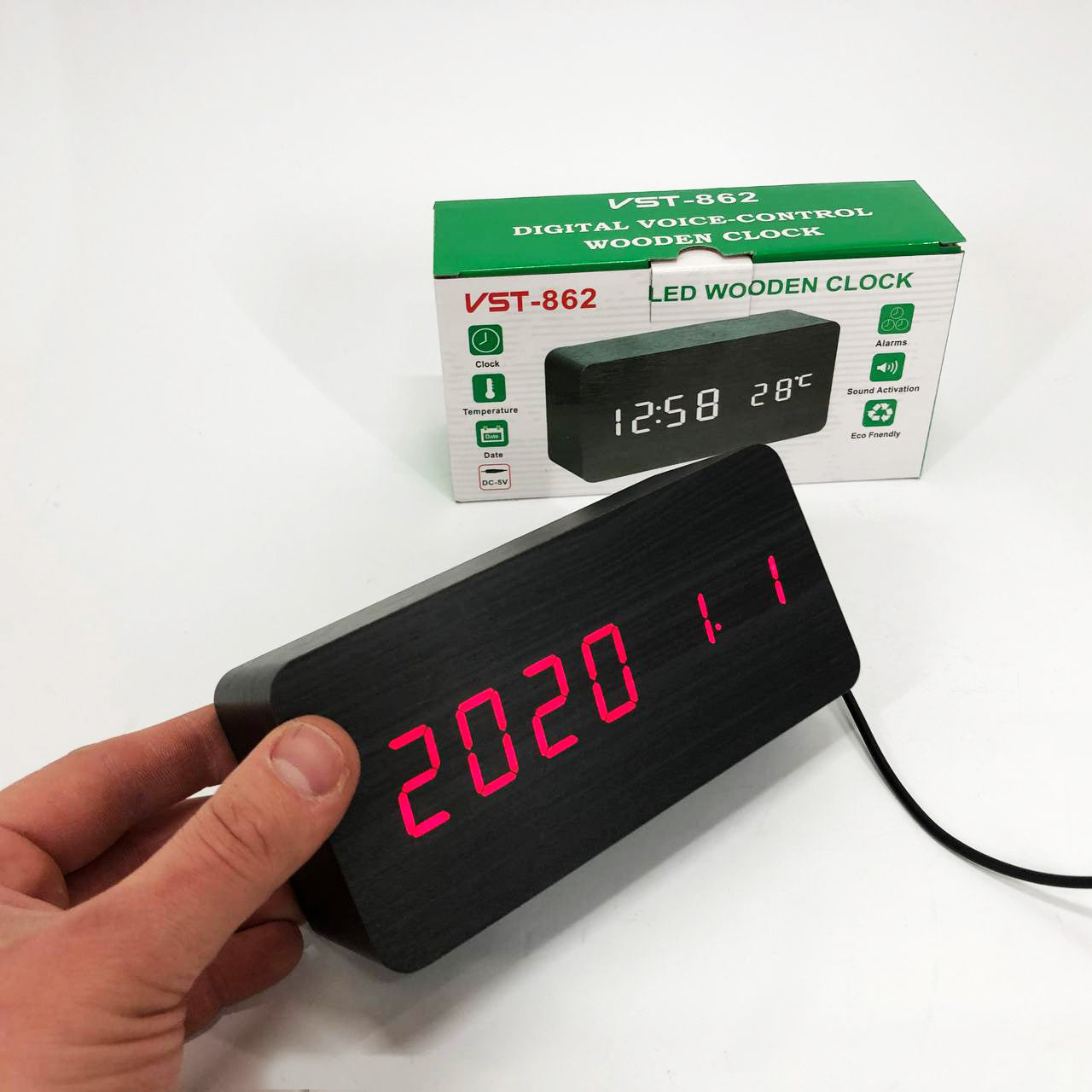 Часы VST-862 черное дерево красная подсветка, Цифровые настольные часы квадратные