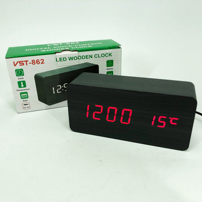 Часы VST-862 черное дерево красная подсветка, Цифровые настольные часы квадратные