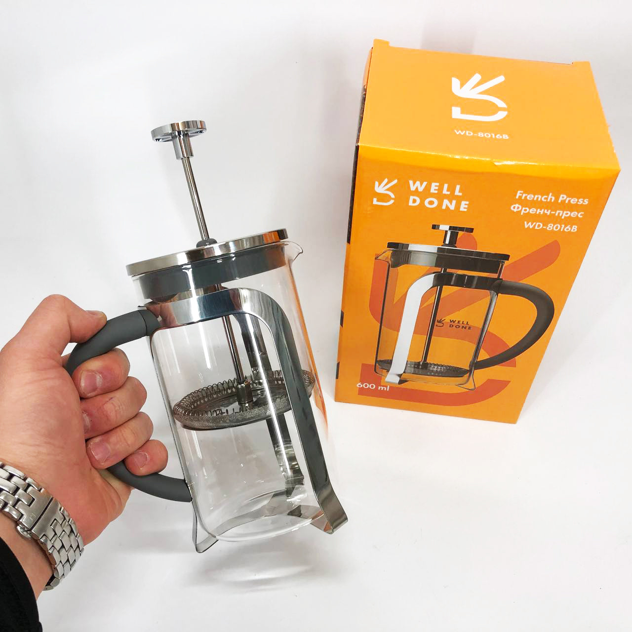 Френч-пресс Well Done WD-8016B с ручкой soft-touch 600 мл, Френч пресс стеклянный на кухню