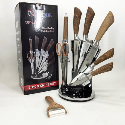 Набор кухонных ножей UNIQUE UN-1833 с деревянными ручками и подставкой