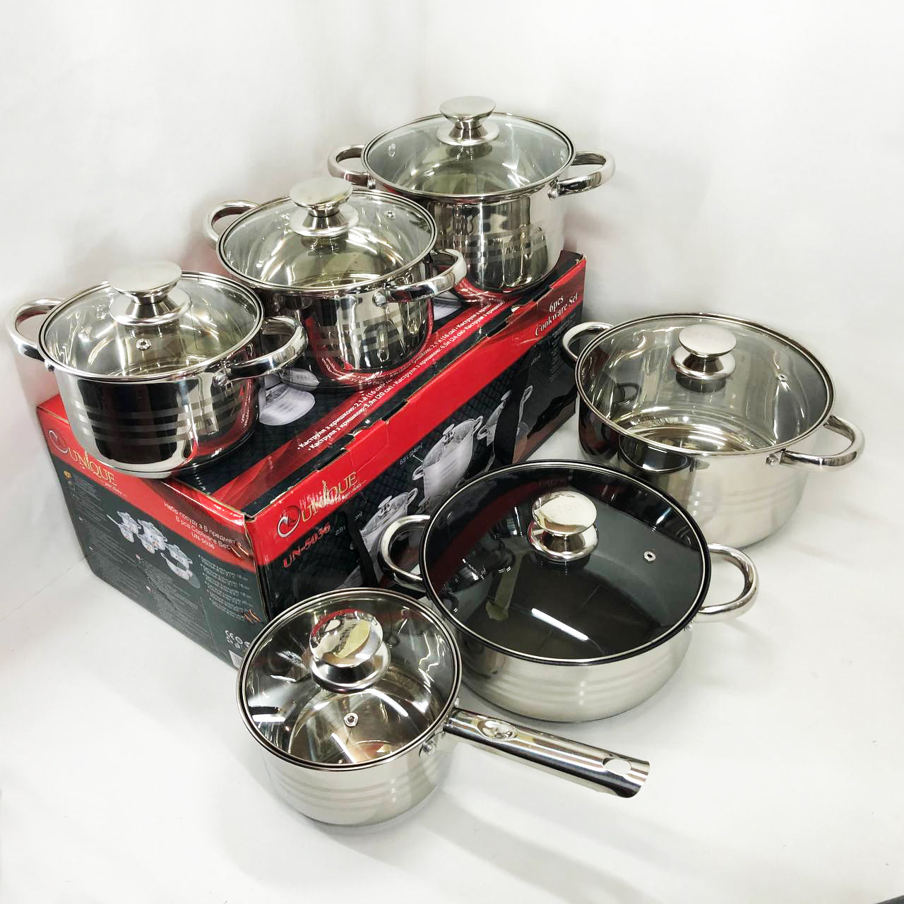 Набор посуды UNIQUE UN-5036 из нержавеющей стали с толстым 5-ти слойным дном с крышками стеклянными 12 предметов