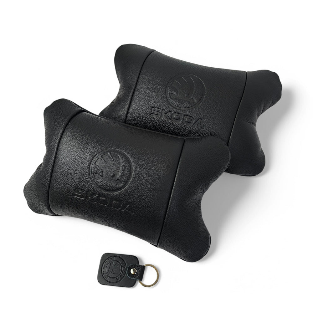 Набор авто подушек Skoda из натуральной кожи + брелок, Автоподушка на подголовник
