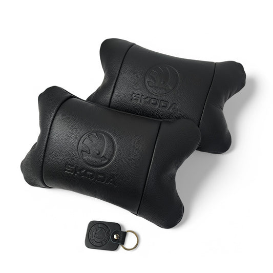 Набор авто подушек Skoda из натуральной кожи + брелок, Автоподушка на подголовник