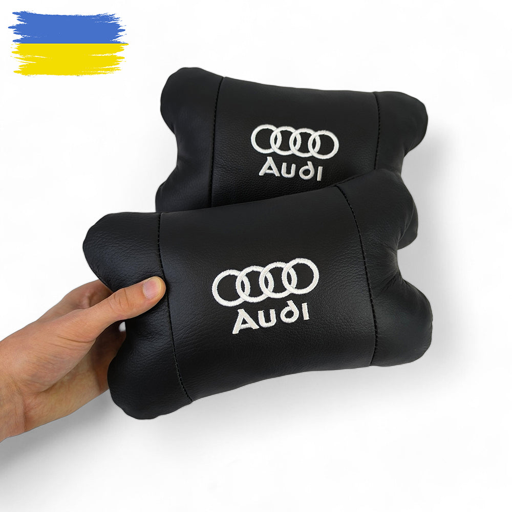 Набор автодушки 2шт на подголовник Audi / Ауди из натуральной кожи черная / Подголовник в машину