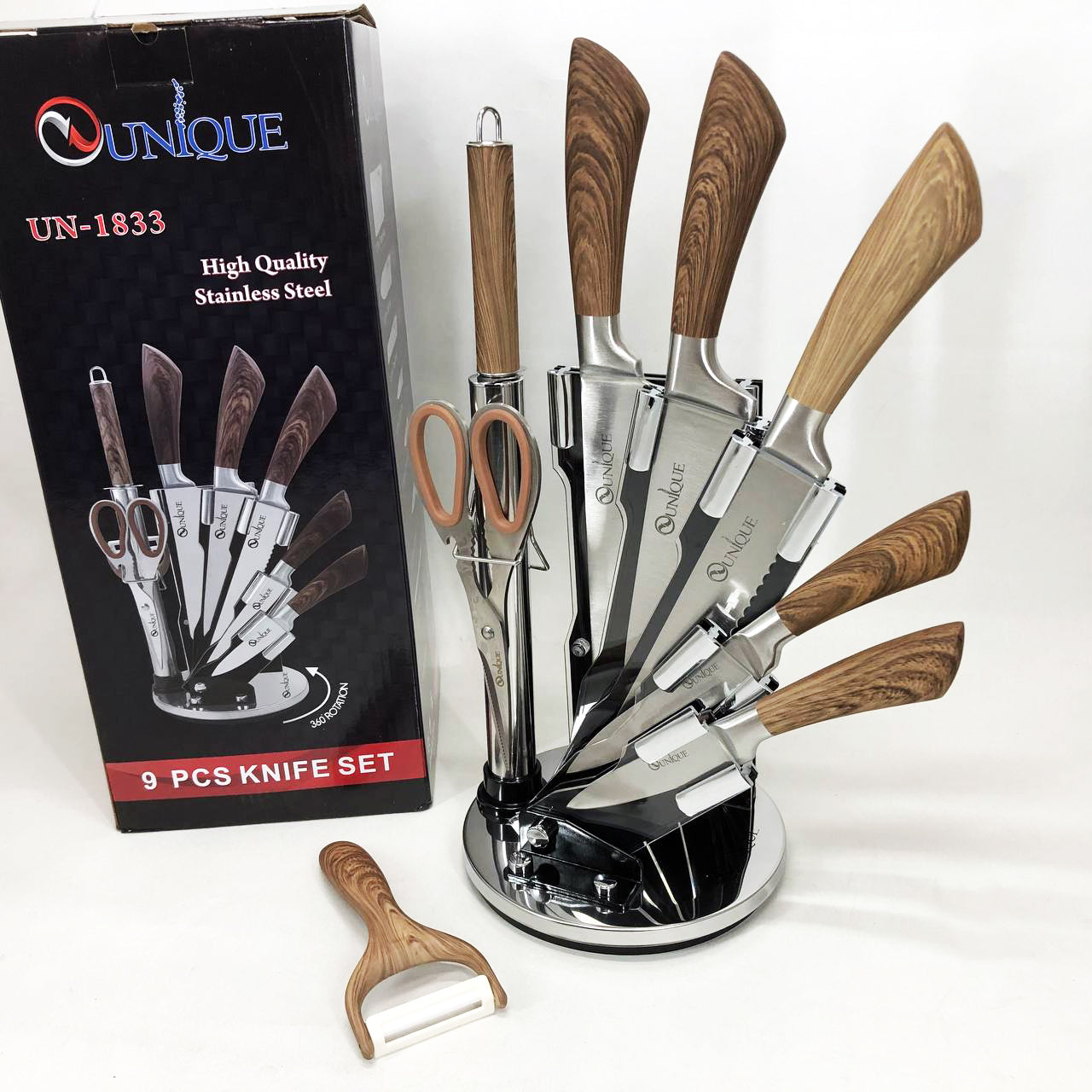 Набор кухонных ножей UNIQUE UN-1833 с деревянными ручками и подставкой