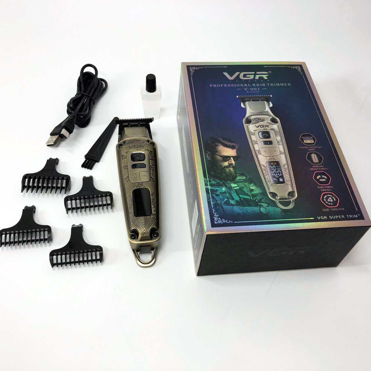 Профессиональная машинка для стрижки волос триммер VGR V-901 с насадками, профессиональная электробритва