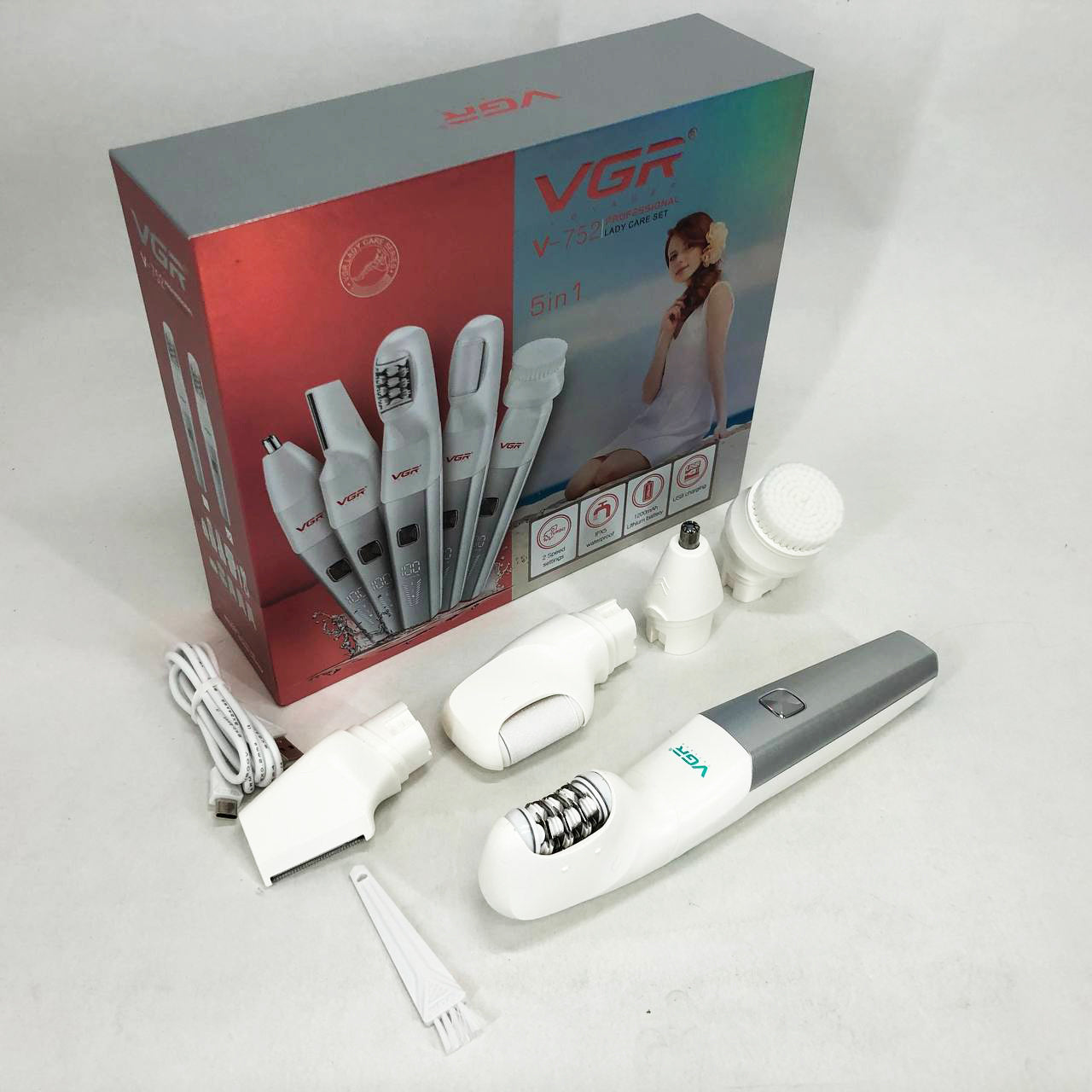 Эпилятор VGR 5 в 1 V-752, 5 насадок. Цвет: зеленый