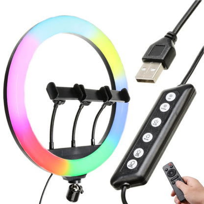 Кольцевая LED лампа RGB MJ45 Ring 45 см комплектация адаптер со встроенным кабелем, держатели для телефона, пульт