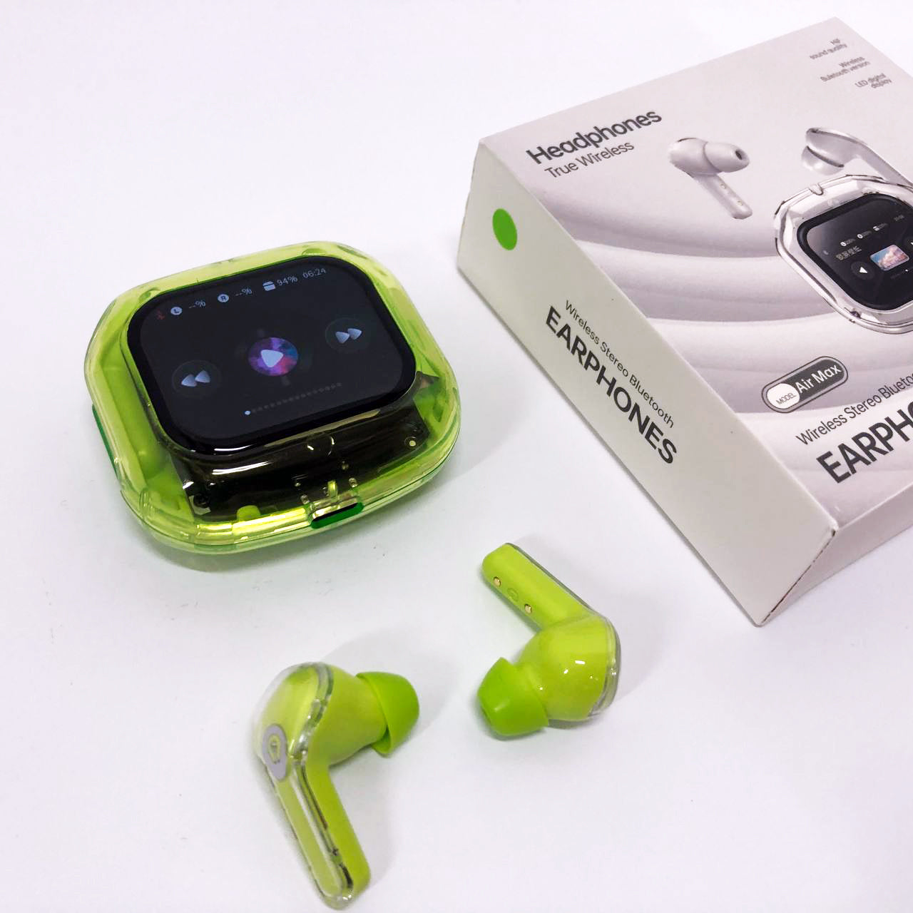 Беспроводные вакуумные наушники TWS с LED дисплеем, влагозащита IPx4 Bluetooth 5.4 с кейсом. Цвет: зеленый