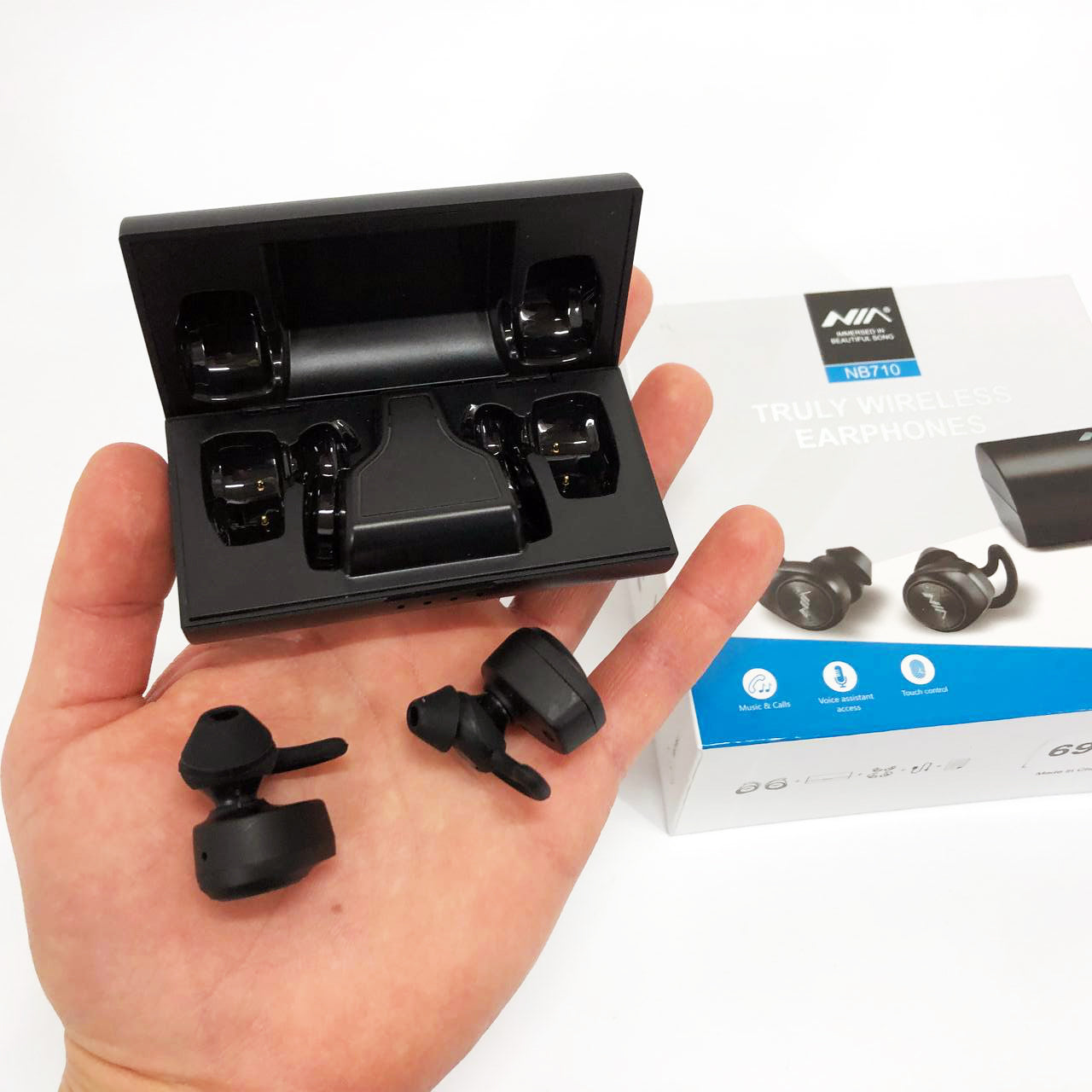 Наушники Bluetooth NIA NB710 с кейсом черные беспроводные, Наушники для тренировок сенсорные беспроводные