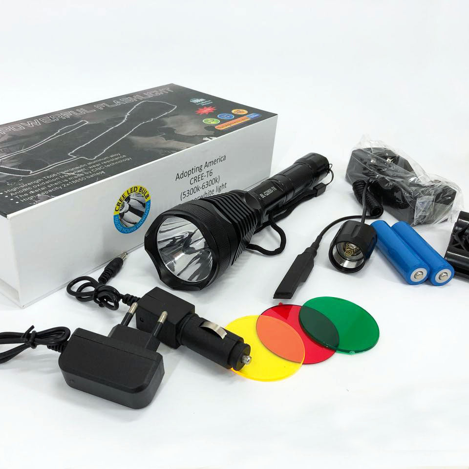 Фонарь тактический Police Q2800-T6 18650 х 2, заряжается от сети 220В и авто ЗУ 12В, выносная кнопка