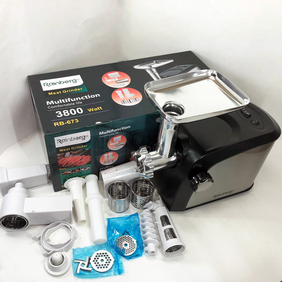 Электрическая мясорубка Rainberg RB-673 с соковыжималкой и шинковкой 9 насадок 3000W с реверсом