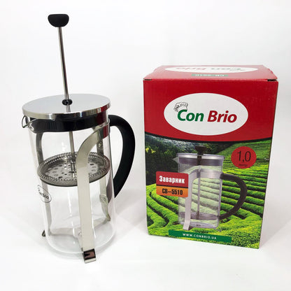 Френч-пресс Con Brio 1000 мл стекло нержавейка CB-5510, Чайник для заваривания трав, Заварник прозрачный