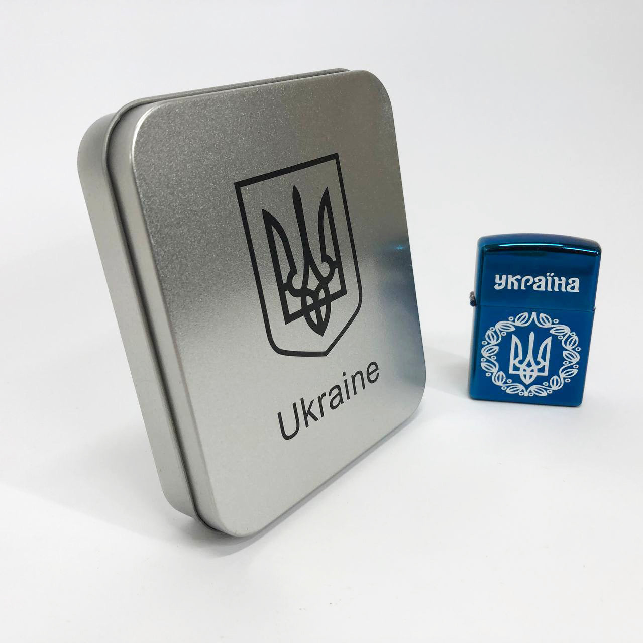 Дуговая электроимпульсная USB зажигалка Украина металлическая коробка HL-447. Цвет: синий