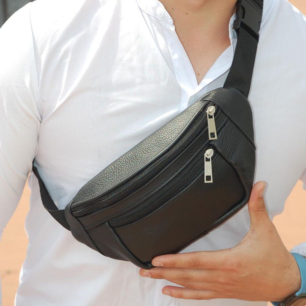 Кожаная качественная бананка мужская - женская сумка, черная сумка из кожи