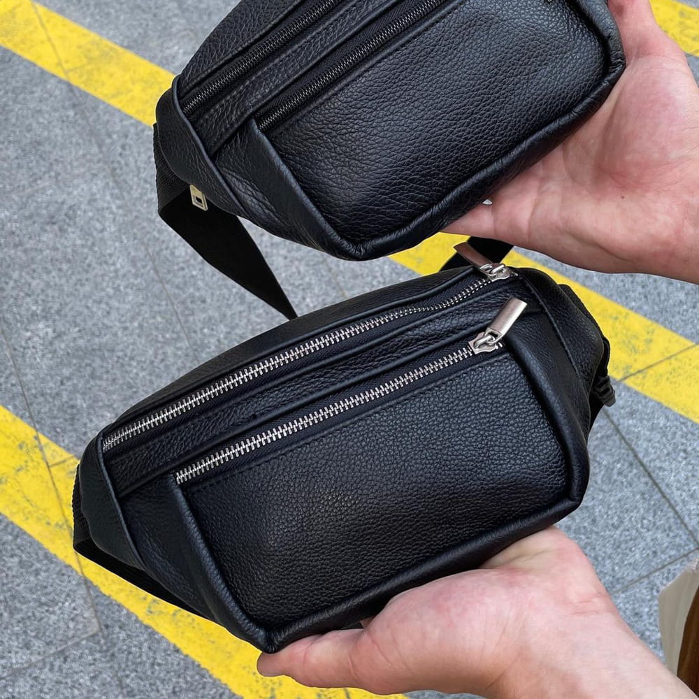 Кожаная качественная бананка мужская - женская сумка, черная сумка из кожи