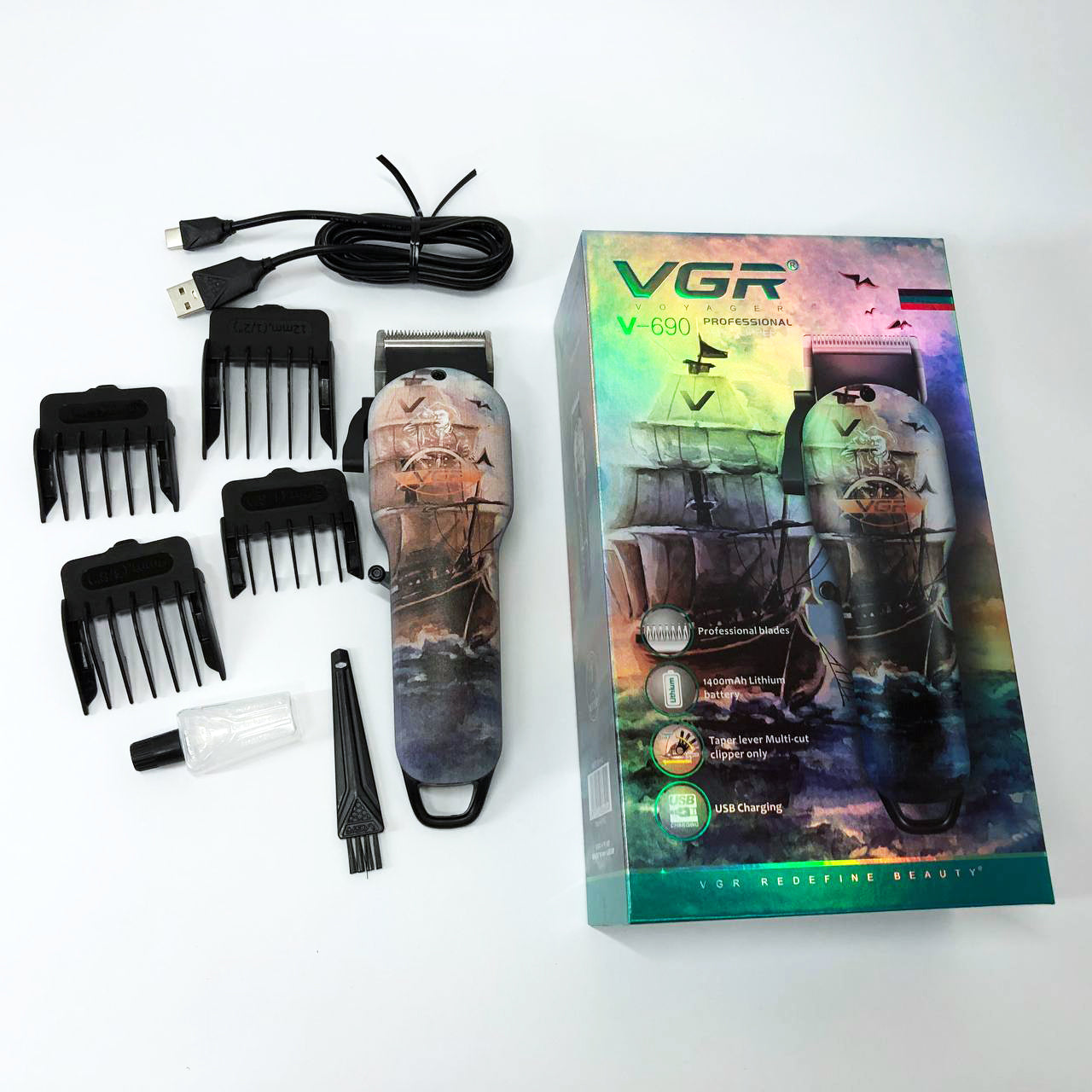 Аккумуляторная машинка для стрижки VGR V-690 от USB Нержавеющая сталь, подстригательная машинка