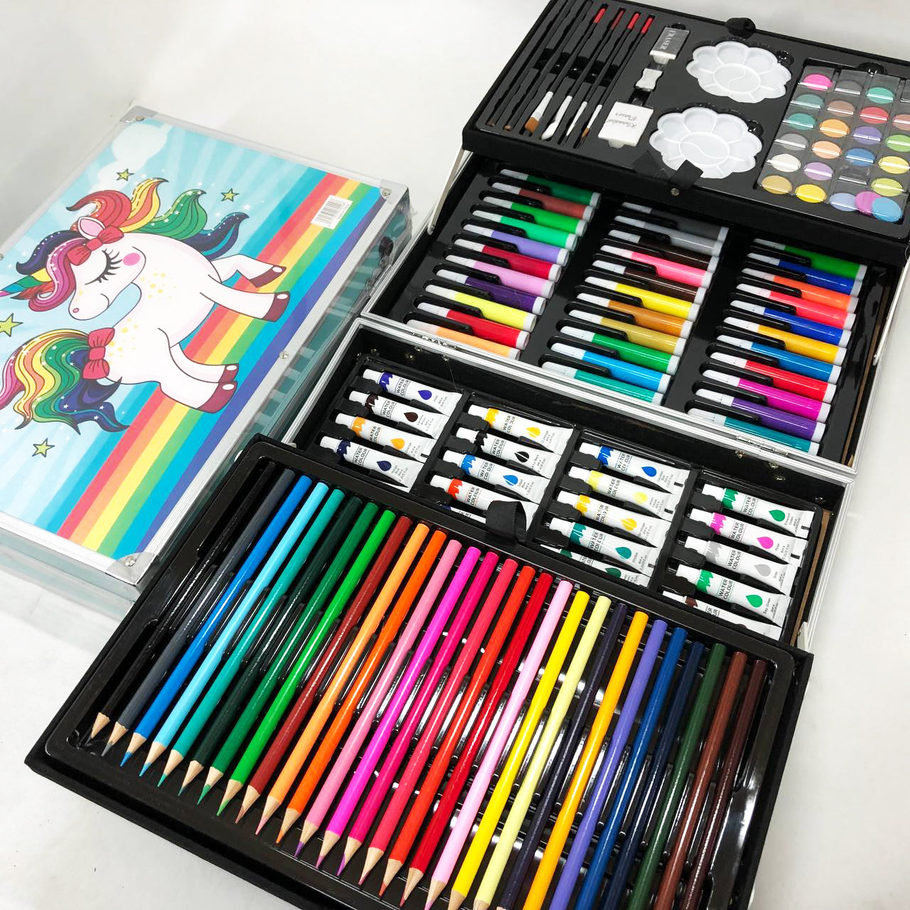 Набор для творчества в алюминиевом чемодане Единорог 145 предметов, чемодан для рисования детский кейс. Цвет: голубой