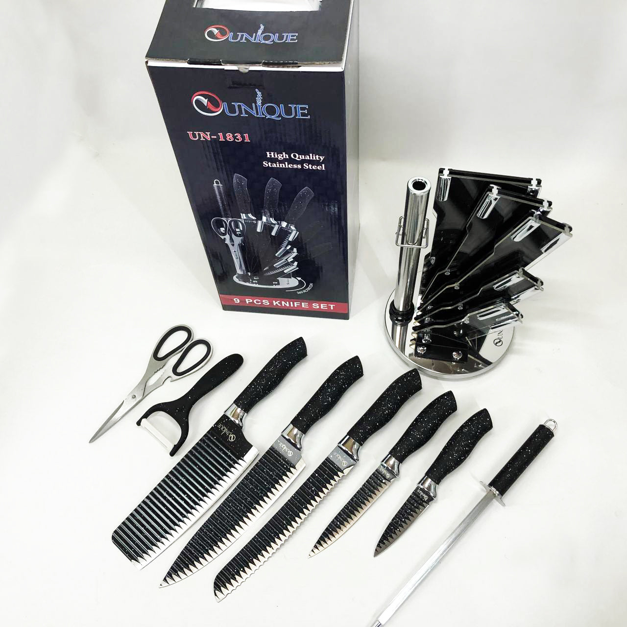 Набор ножей UNIQUE UN-1831, 9 предметов, с подставкой, нержавеющая сталь, с овощечисткой, черный