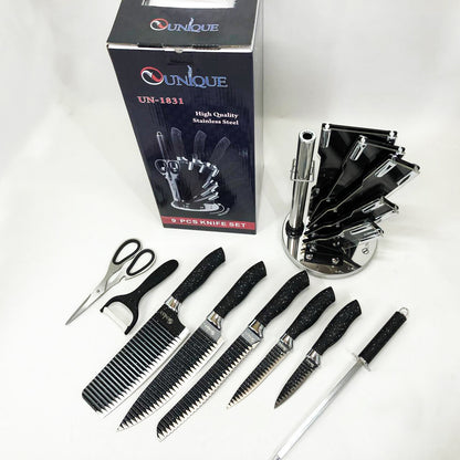 Набор ножей UNIQUE UN-1831, 9 предметов, с подставкой, нержавеющая сталь, с овощечисткой, черный