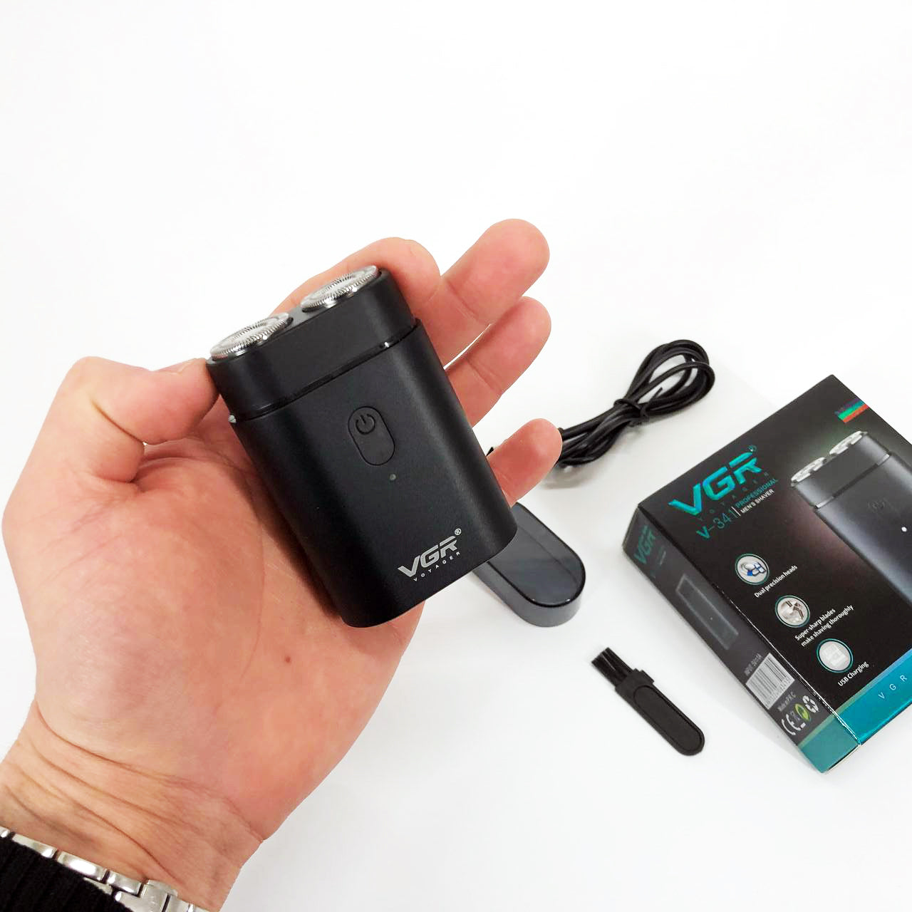 Мужская аккумуляторная мини электробритва VGR V-341 с двумя головками для бритья бороды и усов шейвер