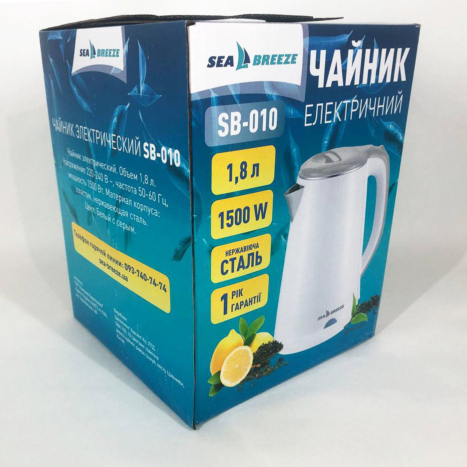 Электрочайник SeaBreeze SB-010 / 1,8 Л / Металлический, чайник дисковый, электронный чайник