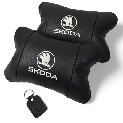 Автомобильные подушки 2 шт на подголовник Skoda / Вред, из натуральной кожи, стильный аксессуар для вашего авто