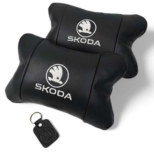 Автомобильные подушки 2 шт на подголовник Skoda / Вред, из натуральной кожи, стильный аксессуар для вашего авто