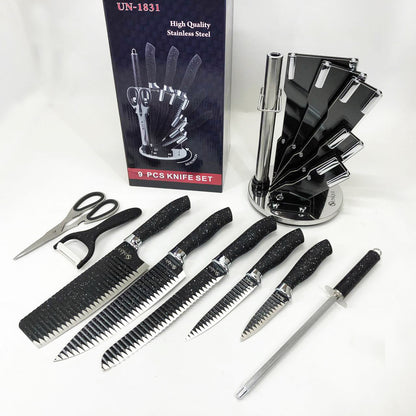 Набор ножей UNIQUE UN-1831, 9 предметов, с подставкой, нержавеющая сталь, с овощечисткой, черный