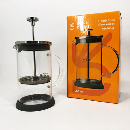 Френч-пресс Well Done WD-8036B из термостойкого стекла 600 мл, Чайник для заваривания трав прозрачный