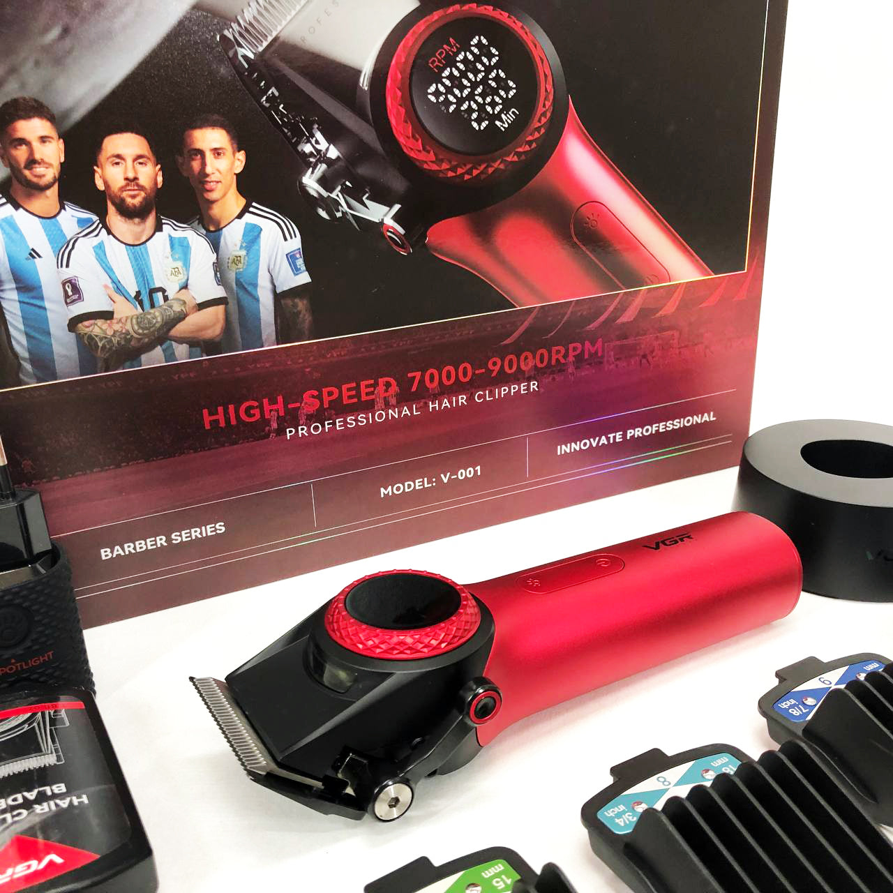 Професійна машинка для стрижки волосся VGR V-001 RED з дисплеєм 9000 об та 10 насадками (1,5-24 мм)