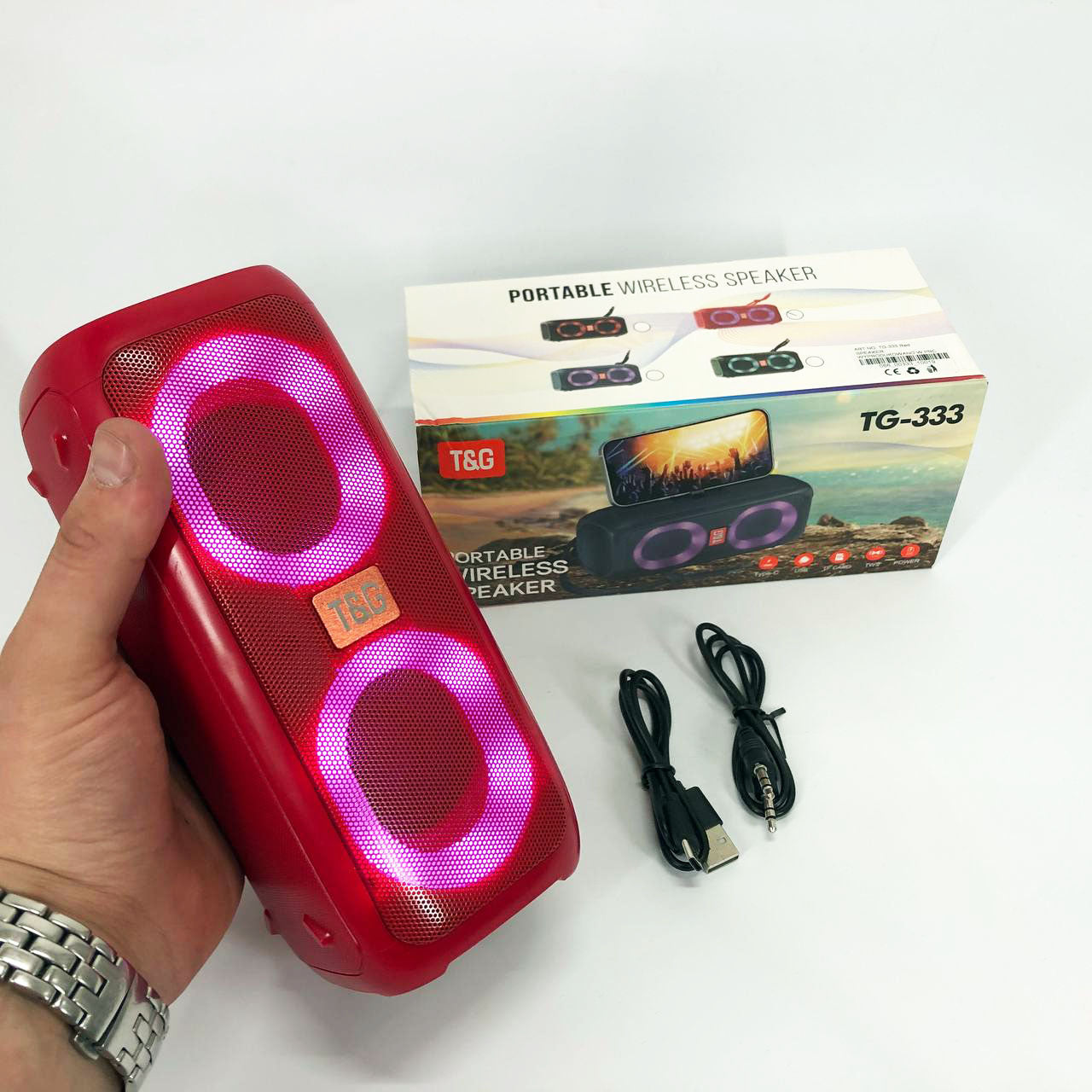 Портативная колонка TG333 2x5W с RGB подсветкой, беспроводная колонка портативная мощная. Цвет: красный