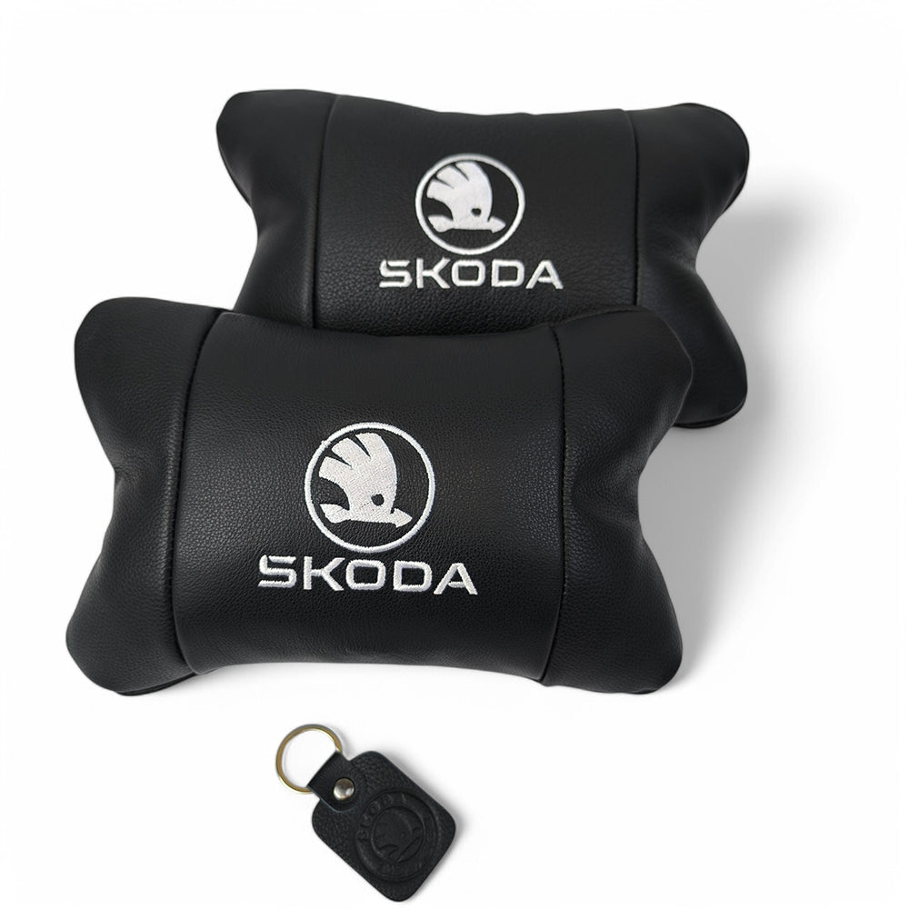 Автомобильные подушки 2 шт на подголовник Skoda / Вред, из натуральной кожи, стильный аксессуар для вашего авто