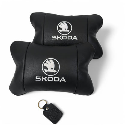 Автомобильные подушки 2 шт на подголовник Skoda / Вред, из натуральной кожи, стильный аксессуар для вашего авто