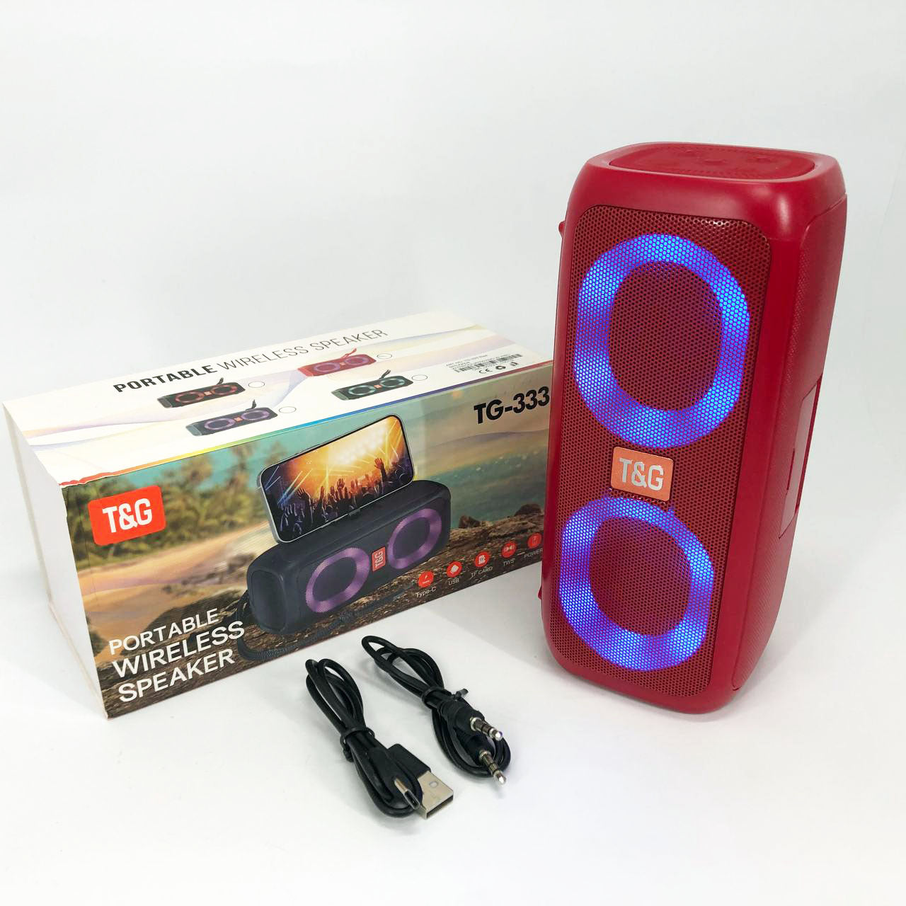 Портативная колонка TG333 2x5W с RGB подсветкой, беспроводная колонка портативная мощная. Цвет: красный