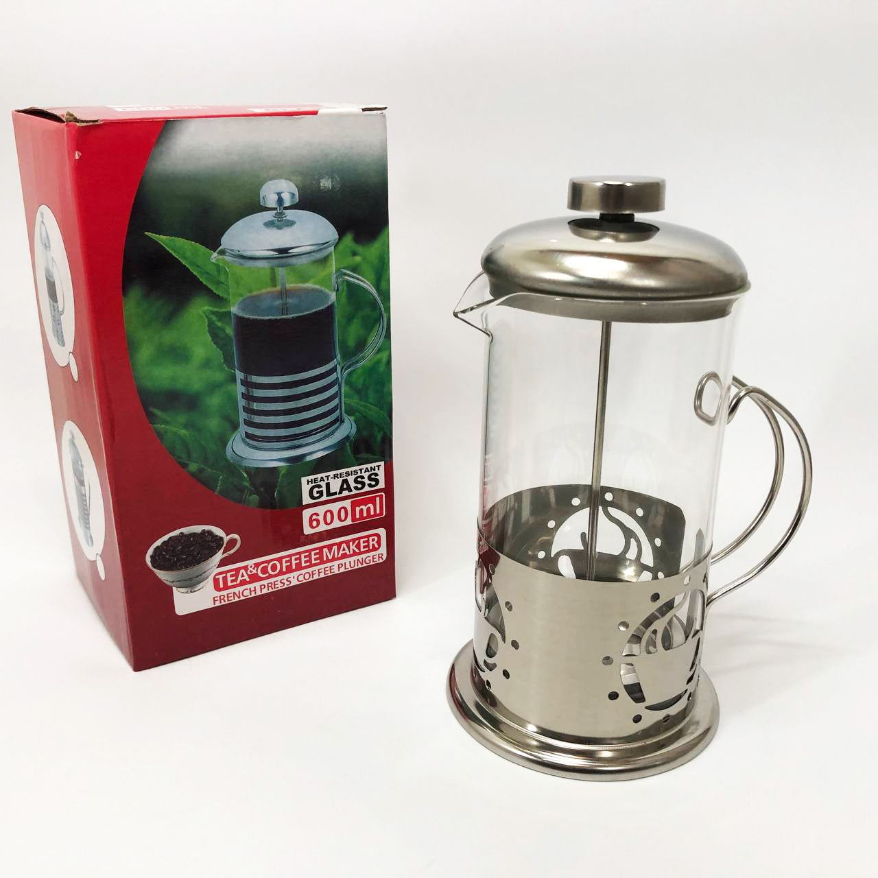 Френч-пресс заварник металлический корпус UNIQUE UN-1152 600 мл, Стеклянный заварочный чайник для чая