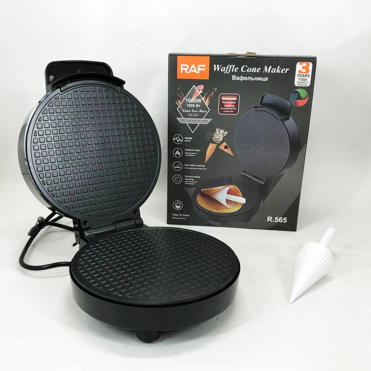 Электрическая вафельница RAF R.565 с антипригарным покрытием и конусом для трубочек