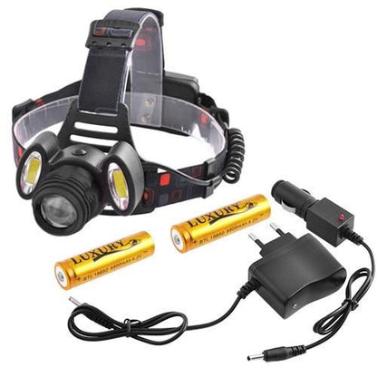 Универсальный налобный фонарь 2117-T6+2COB 2х18650 3 светодиода 4 режима работы свечение 1500 люмен