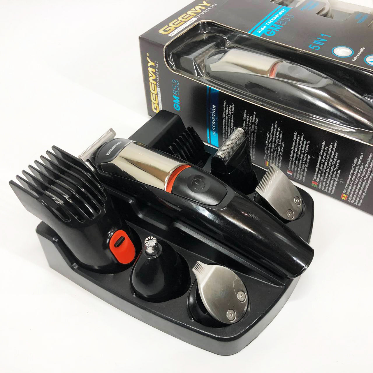 Машинка для стрижки 5в1 Geemy GM-853 стайлер, бритва, триммер на аккумуляторе нержавеющая сталь 6 насадок