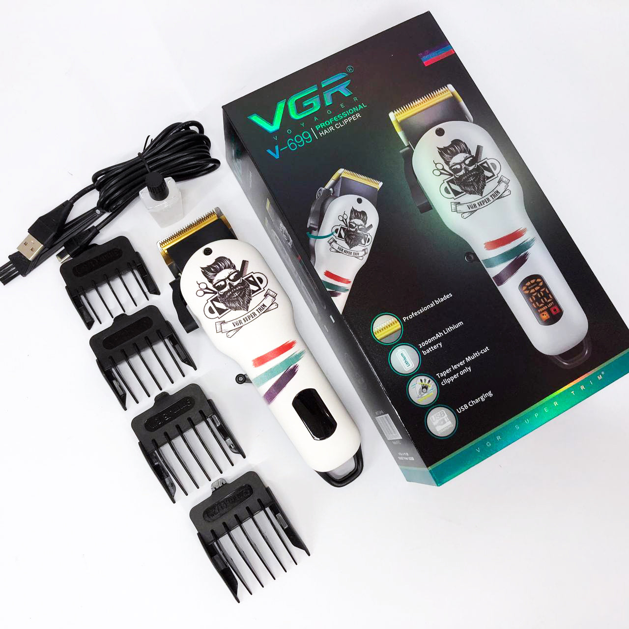 Машинка для стрижки волос и бороды профессиональная VGR V-699 B с насадками и LED дисплеем. Цвет: белый