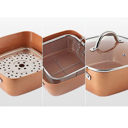 Сковорода-фритюрница UNIQUE UN-5251 квадратная антипригарная с пароваркой и кастрюлей + стеклянная крышка 24 см