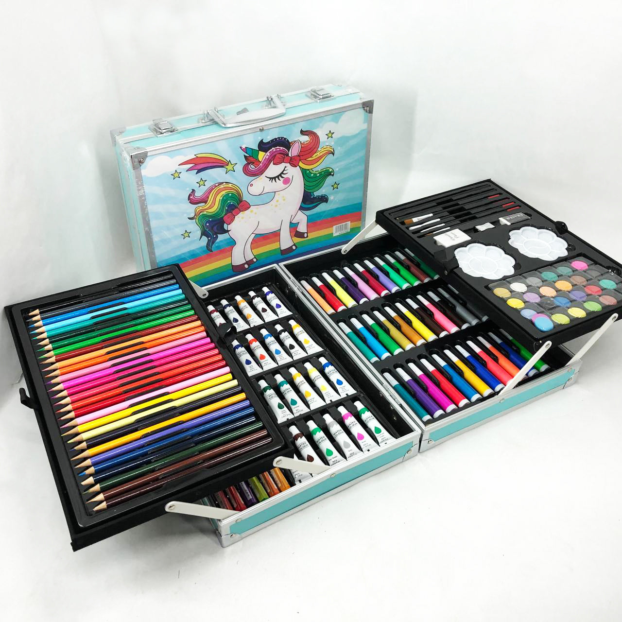 Набор для творчества в алюминиевом чемодане Единорог 145 предметов, чемодан для рисования детский кейс. Цвет: голубой