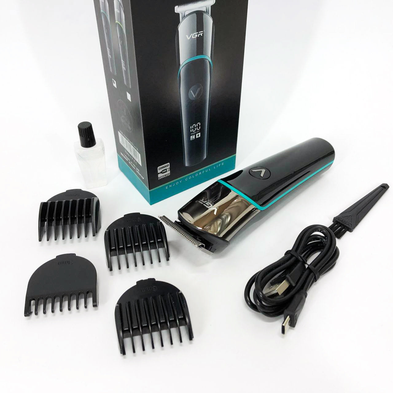 Профессиональная машинка для стрижки волос триммер VGR V-291 с насадками, электробритва. Цвет: зеленый