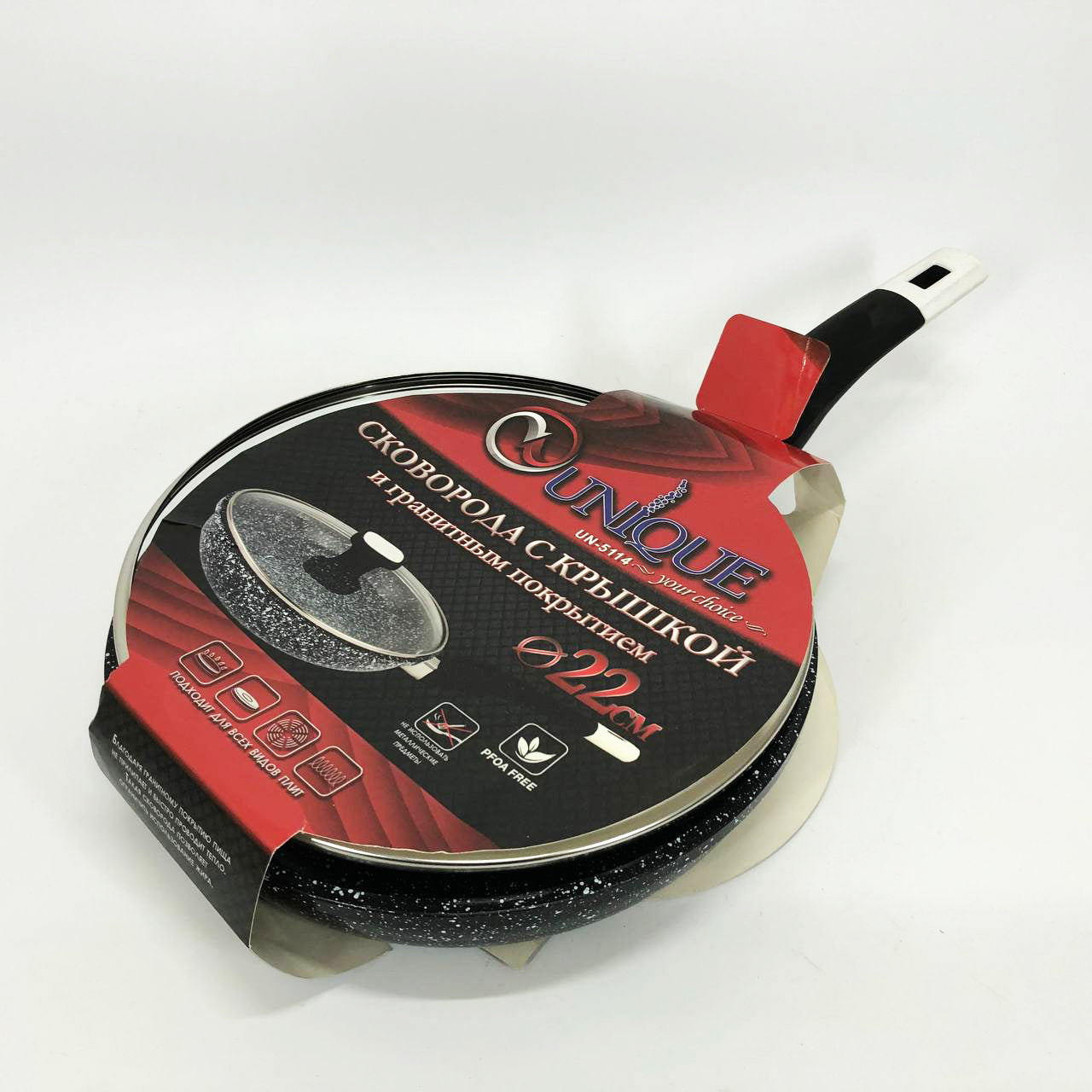 Сковорода UNIQUE UN-5114 22 см с крышкой гранит светлый многослойное покрытие