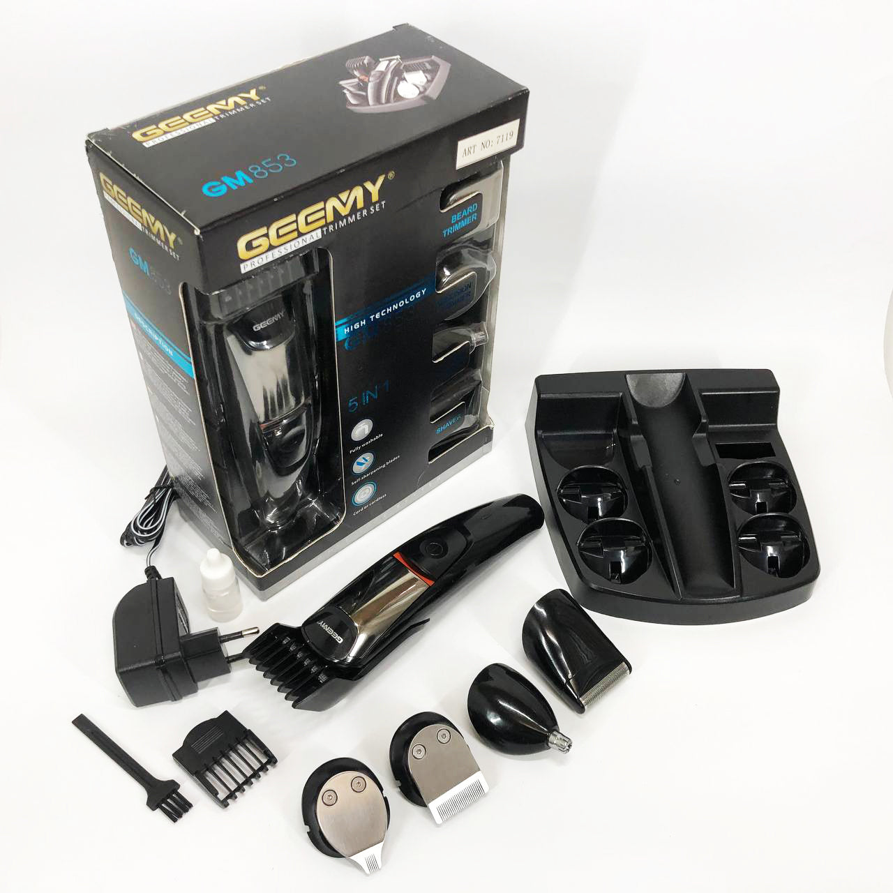 Машинка для стрижки 5в1 Geemy GM-853 стайлер, бритва, триммер на аккумуляторе нержавеющая сталь 6 насадок