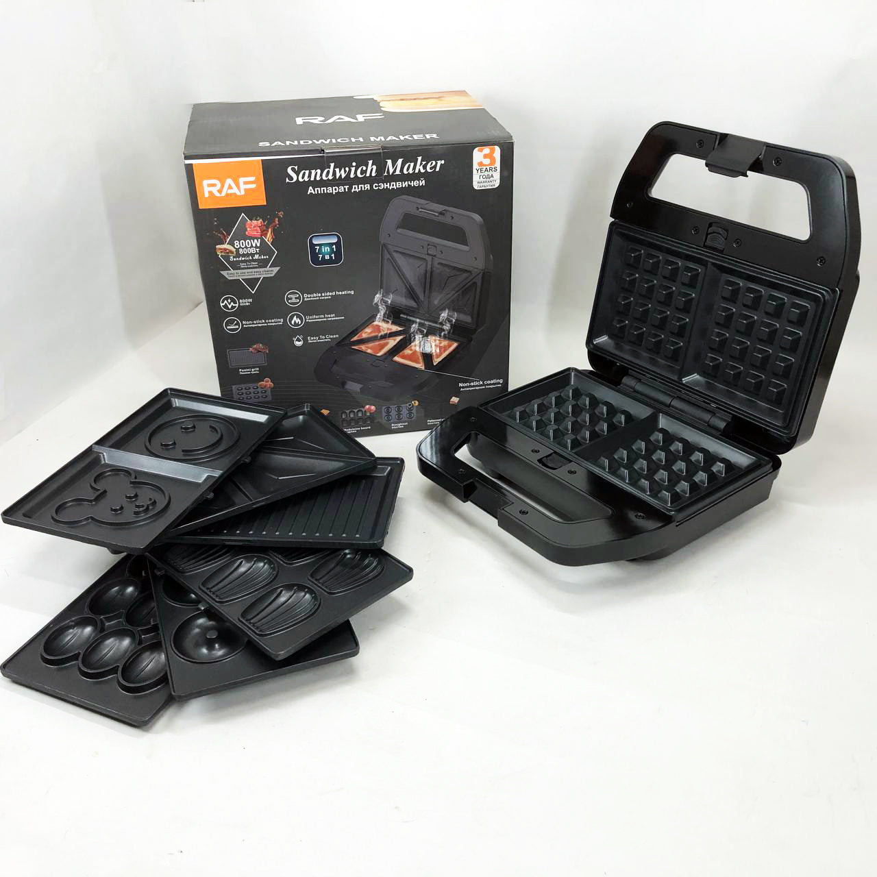 Мультимейкер RAF R.552 – 7 в 1: вафельница, гриль, сэндвичница, пончики, орешки, кексы, печенье, 800 Вт