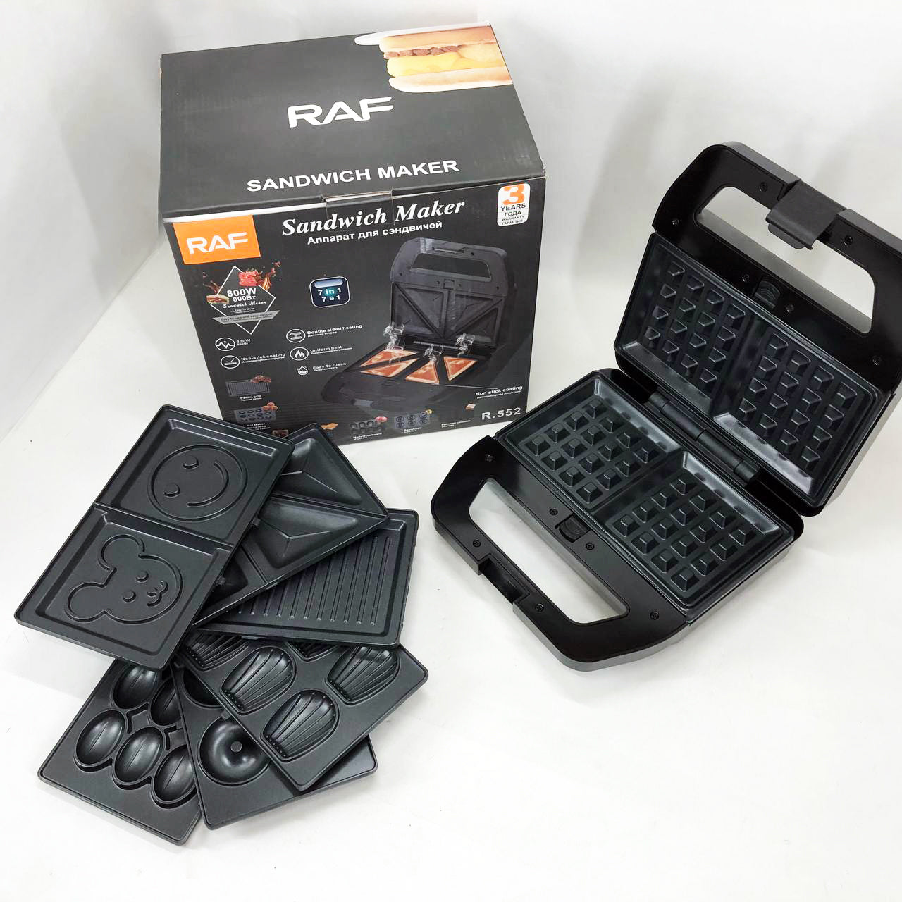 Мультимейкер RAF R.552 – 7 в 1: вафельница, гриль, сэндвичница, пончики, орешки, кексы, печенье, 800 Вт