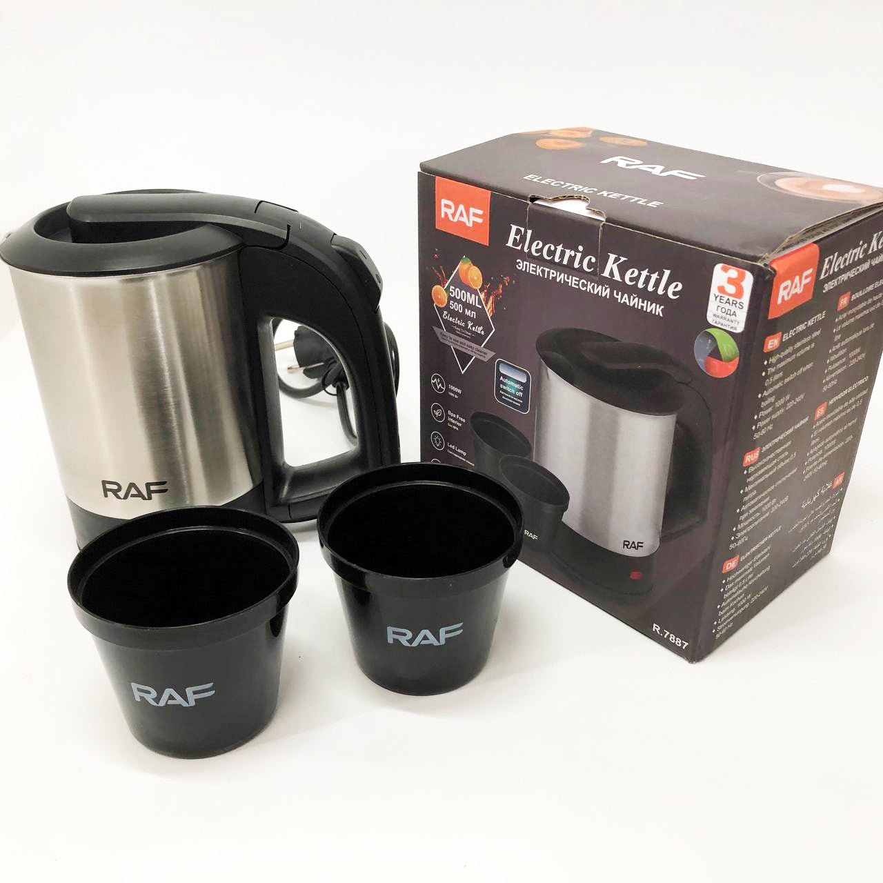 Электрочайник от 220В компактный RAF R-7887 с двумя чашками в комплекте 1000 Вт